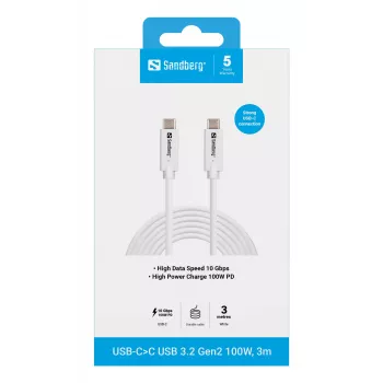 Sandberg USB-C – USB-C USB 3.2 Gen2 100W, 3m, 3 m, USB C, USB C, USB 3.2 Gen 2 (3.1 Gen 2), 10 Gbit/s, valkoinen