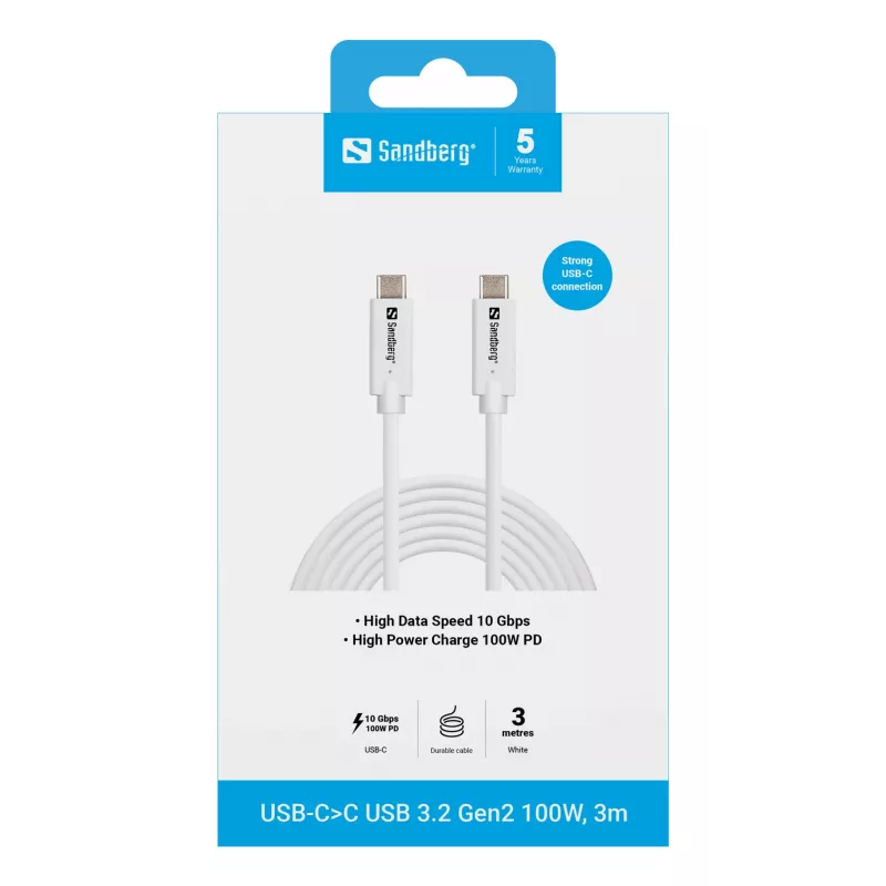 Sandberg USB-C – USB-C USB 3.2 Gen2 100W, 3m, 3 m, USB C, USB C, USB 3.2 Gen 2 (3.1 Gen 2), 10 Gbit/s, valkoinen