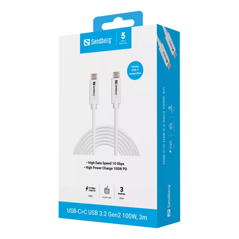 Sandberg USB-C – USB-C USB 3.2 Gen2 100W, 3m, 3 m, USB C, USB C, USB 3.2 Gen 2 (3.1 Gen 2), 10 Gbit/s, valkoinen
