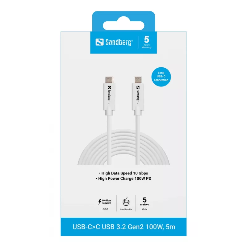 Sandberg USB-C>C USB 3.2 Gen2 100W, 5m, 5 m, USB C, USB C, USB 3.2 Gen 2 (3.1 Gen 2), 10 Gbit/s, valkoinen