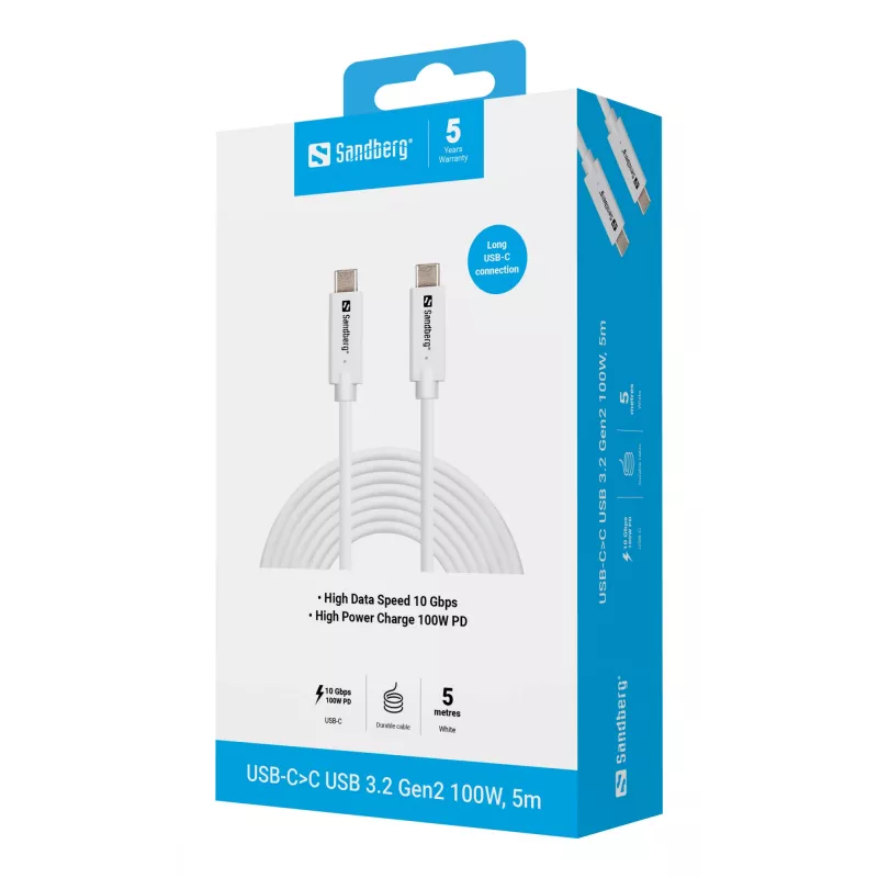 Sandberg USB-C>C USB 3.2 Gen2 100W, 5m, 5 m, USB C, USB C, USB 3.2 Gen 2 (3.1 Gen 2), 10 Gbit/s, valkoinen