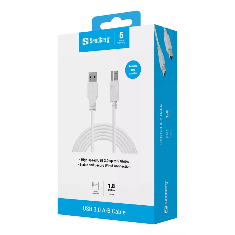 Sandberg USB 3.0 A-B-kaapeli 1,8 m, 1,8 m, USB A, USB B, USB 3.2 Gen 1 (3.1 Gen 1), 5 Gbit/s, valkoinen