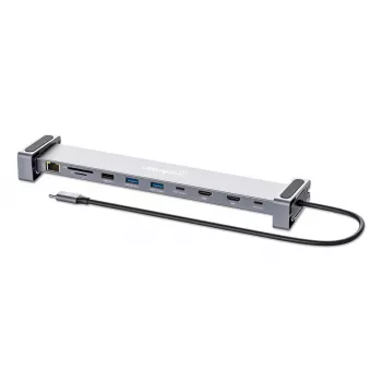 Manhattan USB-C-telakka/keskitin kortinlukijalla ja MST:llä, liitännät (x7): Ethernet, HDMI (x2 4K@60Hz), USB-A (x3) ja USB-C, Power Delivery (PD) 100 W – vaatii erillisen USB-C-laturin (ei sisälly toimitukseen). USB-virralla toimiva (erillistä virtalähdettä ei tarvita), kun PD:tä ei käytetä
