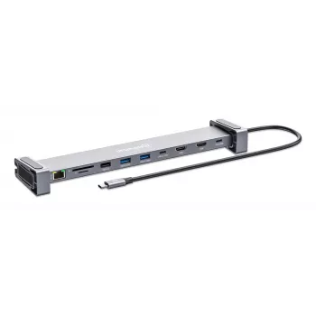 Manhattan USB-C-telakka/keskitin kortinlukijalla ja MST:llä, liitännät (x7): Ethernet, HDMI (x2 4K@60Hz), USB-A (x3) ja USB-C, Power Delivery (PD) 100 W – vaatii erillisen USB-C-laturin (ei sisälly toimitukseen). USB-virralla toimiva (erillistä virtalähdettä ei tarvita), kun PD:tä ei käytetä