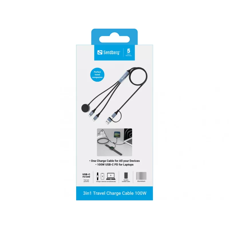 Sandberg 3in1 Travel Charge -kaapeli 100W, 1,2 m, USB A/USB C, musta
