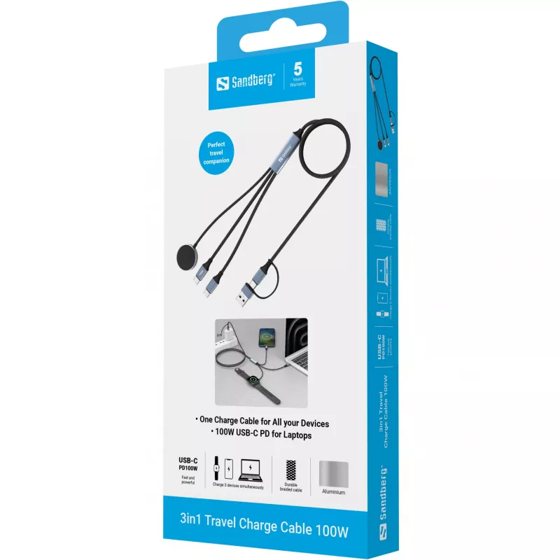 Sandberg 3in1 Travel Charge -kaapeli 100W, 1,2 m, USB A/USB C, musta