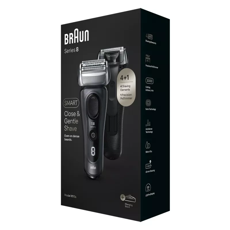 Braun Series 8 8513s märkä- ja kuivaparranajokone lataustelineellä ja matkalaukulla, vuononharmaa