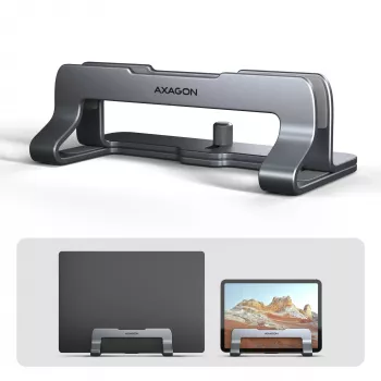 Axagon STND-VG alumiiniteline kannettavien pystysuoraan asettamiseen 10 inch–17,3 inch. Säädettävä raon leveys 9,5–25,5 mm. Harmaa.