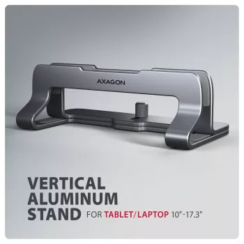 Axagon STND-VG alumiiniteline kannettavien pystysuoraan asettamiseen 10 inch–17,3 inch. Säädettävä raon leveys 9,5–25,5 mm. Harmaa.