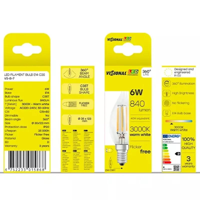 LED-lamppu VISIONAL VS-B-7 6W, 840 lm, 3000K