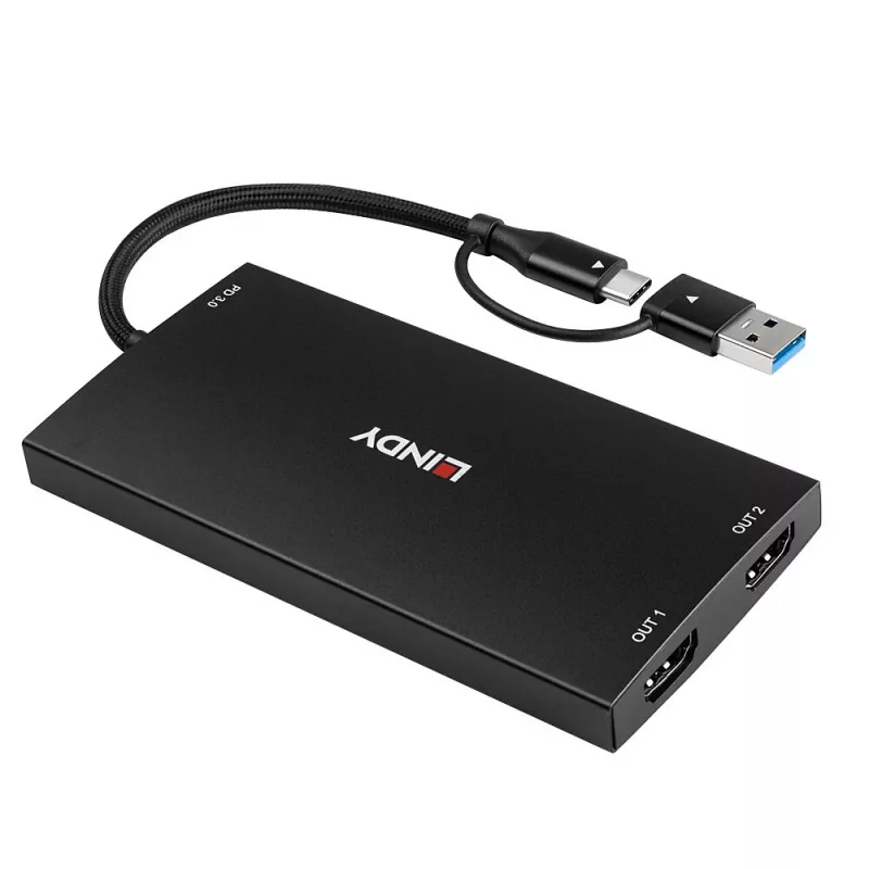 Lindy 43430 videokaapeliadapteri 0,11 m USB Type-C 2 x HDMI musta