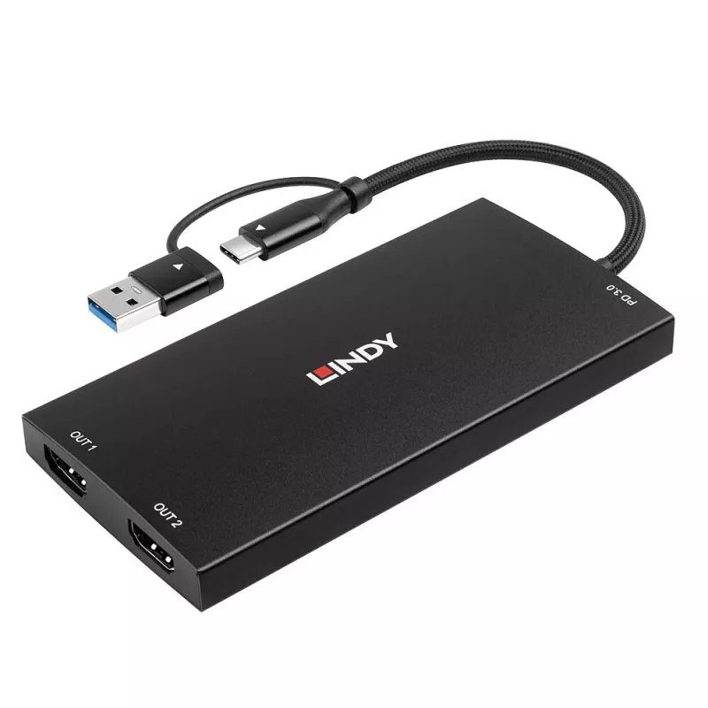Lindy 43430 videokaapeliadapteri 0,11 m USB Type-C 2 x HDMI musta