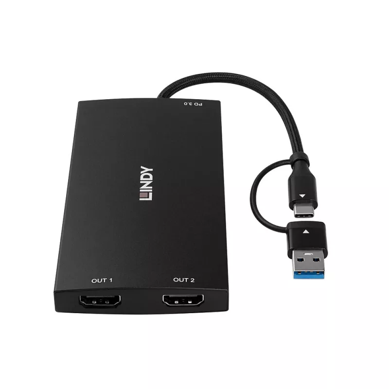 Lindy 43430 videokaapeliadapteri 0,11 m USB Type-C 2 x HDMI musta