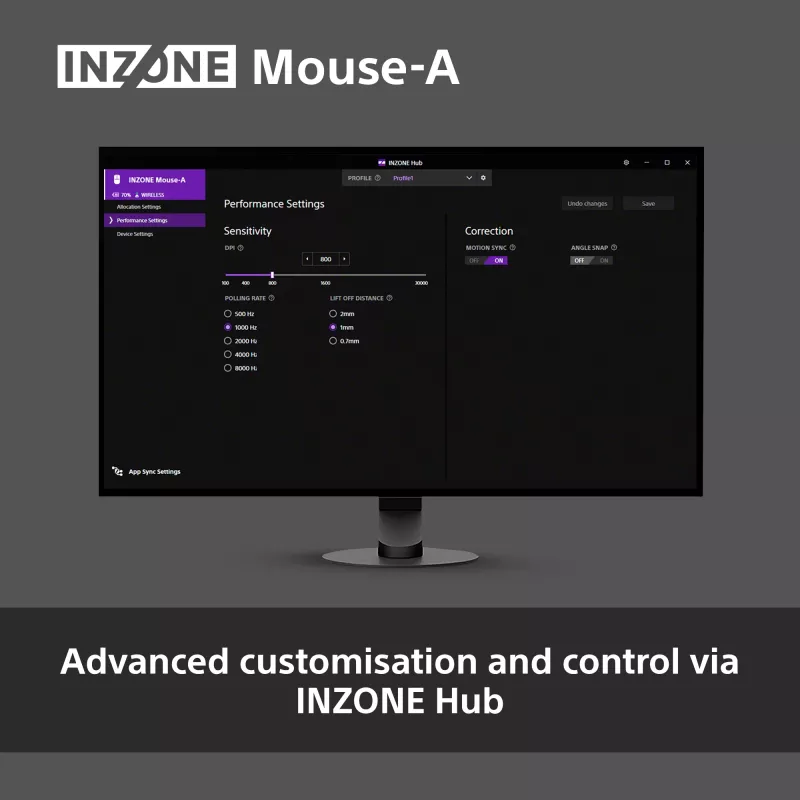 Langaton pelihiiri Sony INZONE oikeakätinen RF optinen 30000 DPI, 70G kiihtyvyys, rullaskrollaus