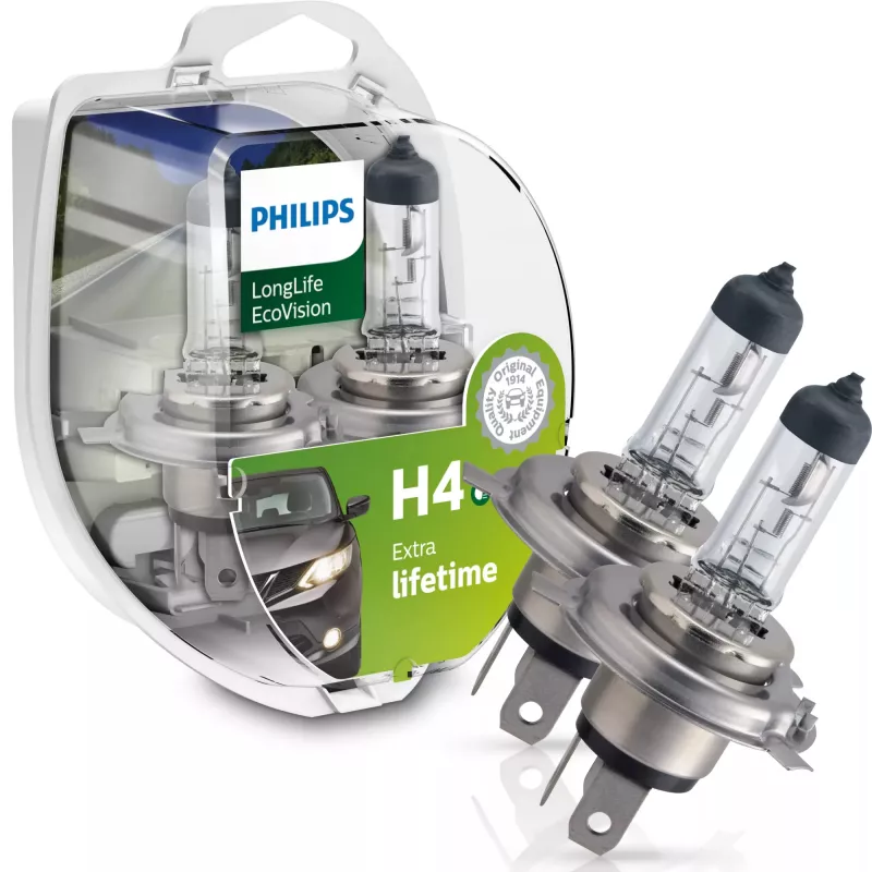 Philips LongLife EcoVision 12342LLECOS2 pidempi käyttöikä, 60 W, 12 V, H4, 3100 K, 2 kpl