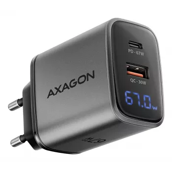 Seinänturi AXAGON ACU-PQ67D, 67W, USB-C PD3.0 + USB-A QC4+, 2 lähtöä, LCD-näyttö, 100–240V