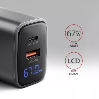 Seinänturi AXAGON ACU-PQ67D, 67W, USB-C PD3.0 + USB-A QC4+, 2 lähtöä, LCD-näyttö, 100–240V