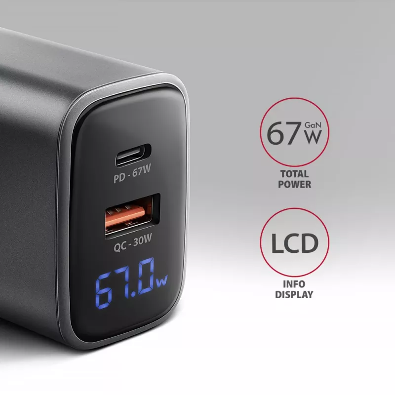 Seinänturi AXAGON ACU-PQ67D, 67W, USB-C PD3.0 + USB-A QC4+, 2 lähtöä, LCD-näyttö, 100–240V