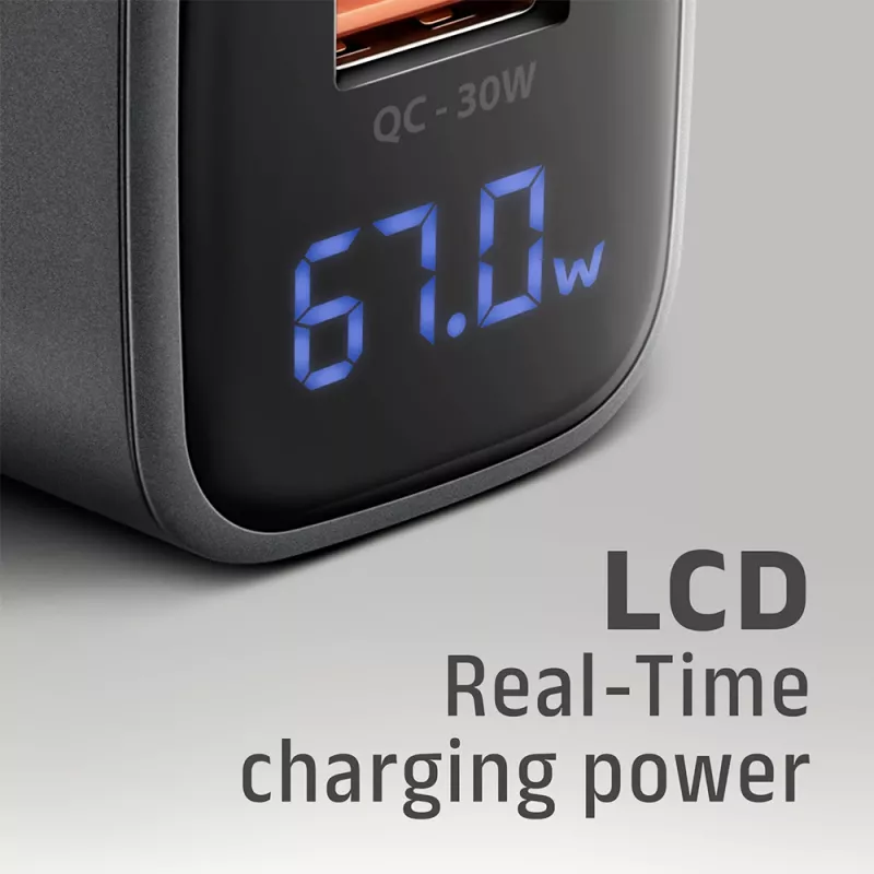 Seinänturi AXAGON ACU-PQ67D, 67W, USB-C PD3.0 + USB-A QC4+, 2 lähtöä, LCD-näyttö, 100–240V