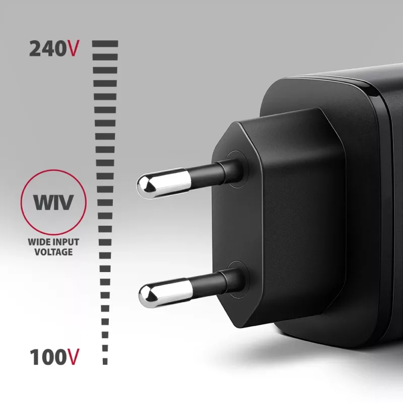 Seinänturi AXAGON ACU-PQ67D, 67W, USB-C PD3.0 + USB-A QC4+, 2 lähtöä, LCD-näyttö, 100–240V