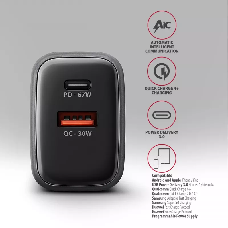 Seinänturi AXAGON ACU-PQ67D, 67W, USB-C PD3.0 + USB-A QC4+, 2 lähtöä, LCD-näyttö, 100–240V