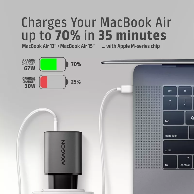 Seinänturi AXAGON ACU-PQ67D, 67W, USB-C PD3.0 + USB-A QC4+, 2 lähtöä, LCD-näyttö, 100–240V