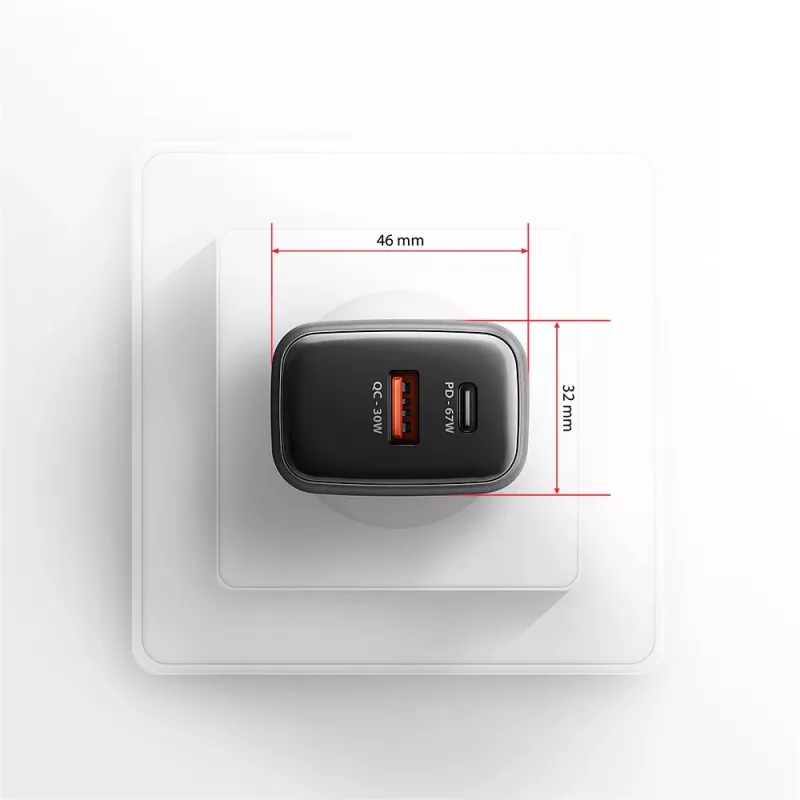 Seinänturi AXAGON ACU-PQ67D, 67W, USB-C PD3.0 + USB-A QC4+, 2 lähtöä, LCD-näyttö, 100–240V