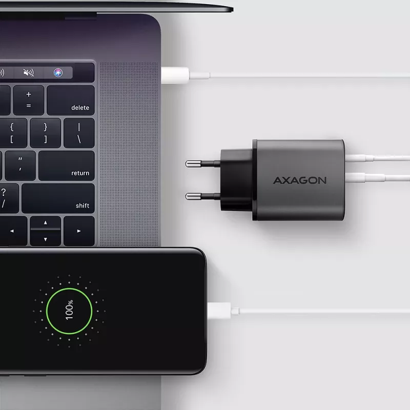Seinänturi AXAGON ACU-PQ67D, 67W, USB-C PD3.0 + USB-A QC4+, 2 lähtöä, LCD-näyttö, 100–240V