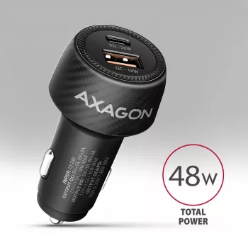 Autolaturi AXAGON PWC-PQ48, 48 W, USB-C (PD3.0) + USB-A (QC4+), tulo 12–24 V, musta