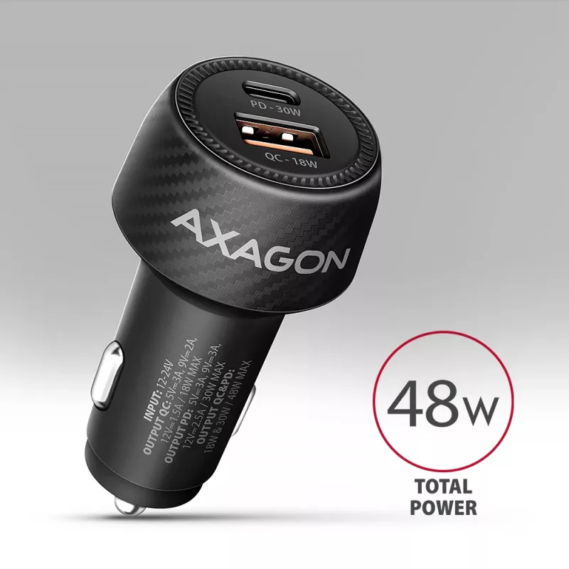 Autolaturi AXAGON PWC-PQ48, 48 W, USB-C (PD3.0) + USB-A (QC4+), tulo 12–24 V, musta