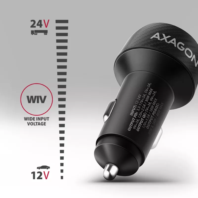 Autolaturi AXAGON PWC-PQ48, 48 W, USB-C (PD3.0) + USB-A (QC4+), tulo 12–24 V, musta