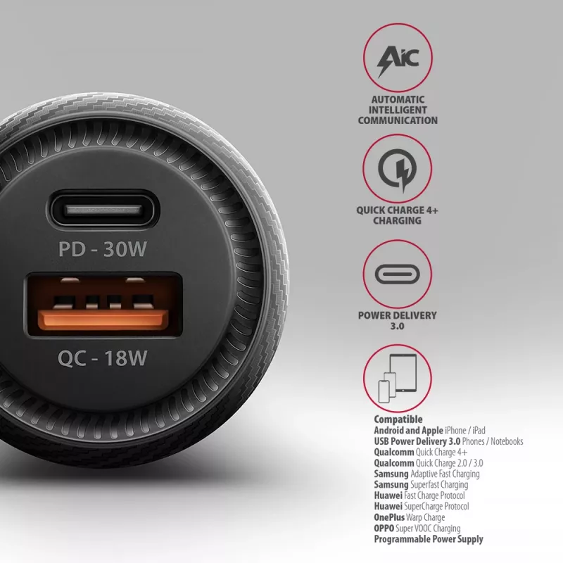 Autolaturi AXAGON PWC-PQ48, 48 W, USB-C (PD3.0) + USB-A (QC4+), tulo 12–24 V, musta