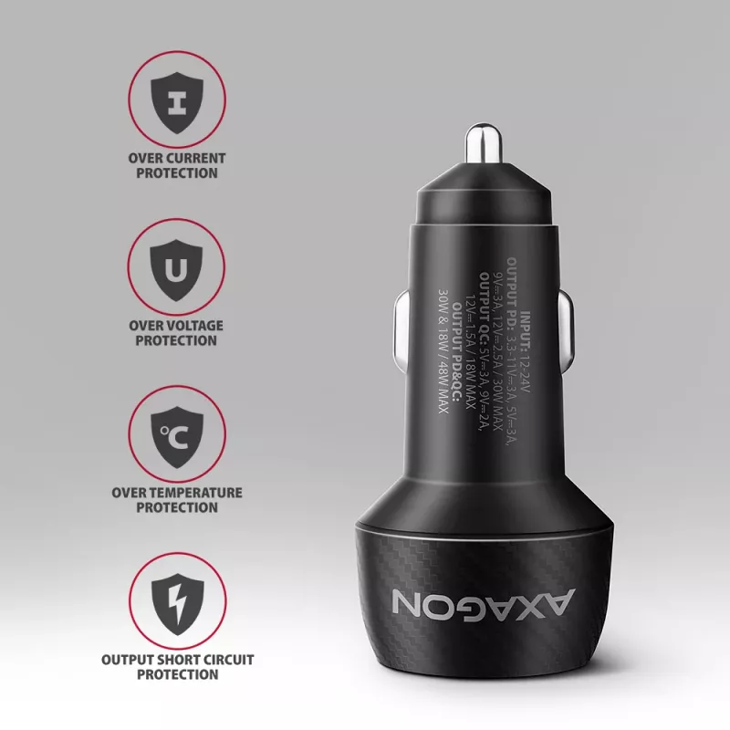 Autolaturi AXAGON PWC-PQ48, 48 W, USB-C (PD3.0) + USB-A (QC4+), tulo 12–24 V, musta