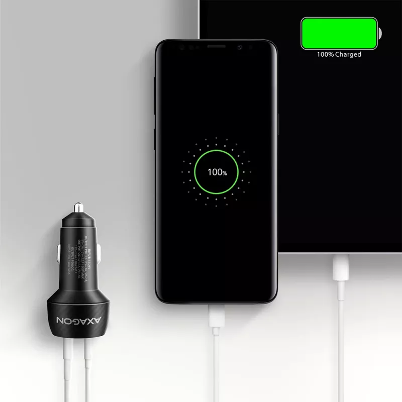 Autolaturi AXAGON PWC-PQ48, 48 W, USB-C (PD3.0) + USB-A (QC4+), tulo 12–24 V, musta