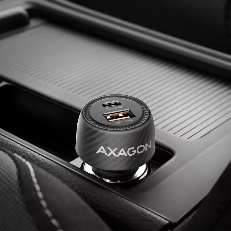 Autolaturi AXAGON PWC-PQ48, 48 W, USB-C (PD3.0) + USB-A (QC4+), tulo 12–24 V, musta