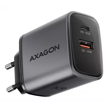 Virtalähde AXAGON ACU-PQ67, 67W, PD3.0 + QC4+, 1x USB-C + 1x USB-A, 100–240V, harmaa/musta