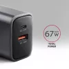 Virtalähde AXAGON ACU-PQ67, 67W, PD3.0 + QC4+, 1x USB-C + 1x USB-A, 100–240V, harmaa/musta