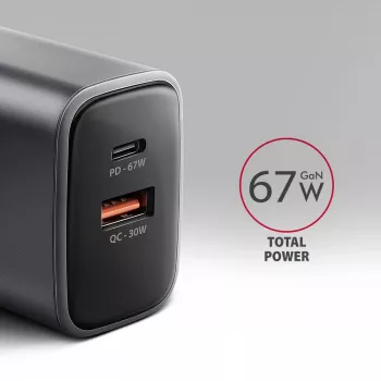 Virtalähde AXAGON ACU-PQ67, 67W, PD3.0 + QC4+, 1x USB-C + 1x USB-A, 100–240V, harmaa/musta