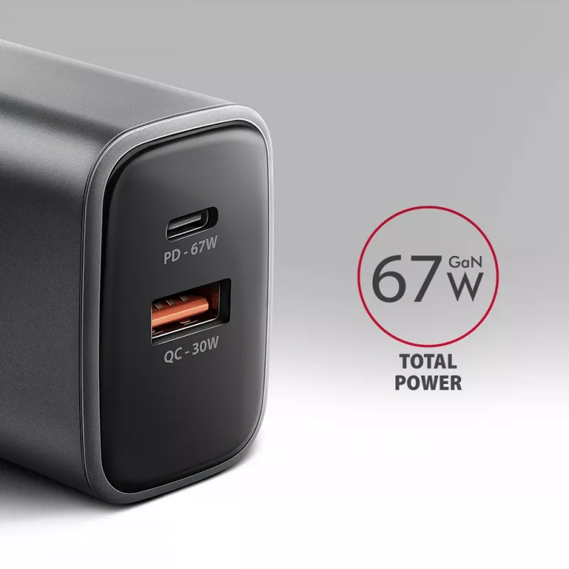 Virtalähde AXAGON ACU-PQ67, 67W, PD3.0 + QC4+, 1x USB-C + 1x USB-A, 100–240V, harmaa/musta