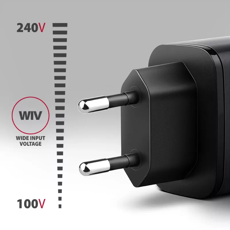 Virtalähde AXAGON ACU-PQ67, 67W, PD3.0 + QC4+, 1x USB-C + 1x USB-A, 100–240V, harmaa/musta