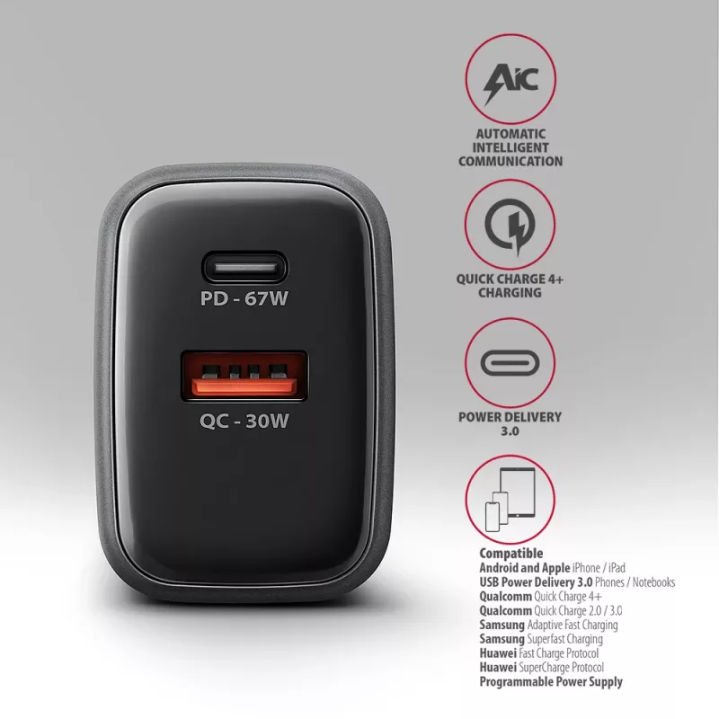 Virtalähde AXAGON ACU-PQ67, 67W, PD3.0 + QC4+, 1x USB-C + 1x USB-A, 100–240V, harmaa/musta