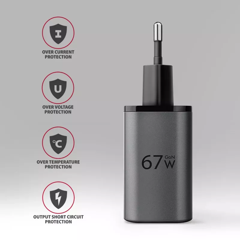 Virtalähde AXAGON ACU-PQ67, 67W, PD3.0 + QC4+, 1x USB-C + 1x USB-A, 100–240V, harmaa/musta