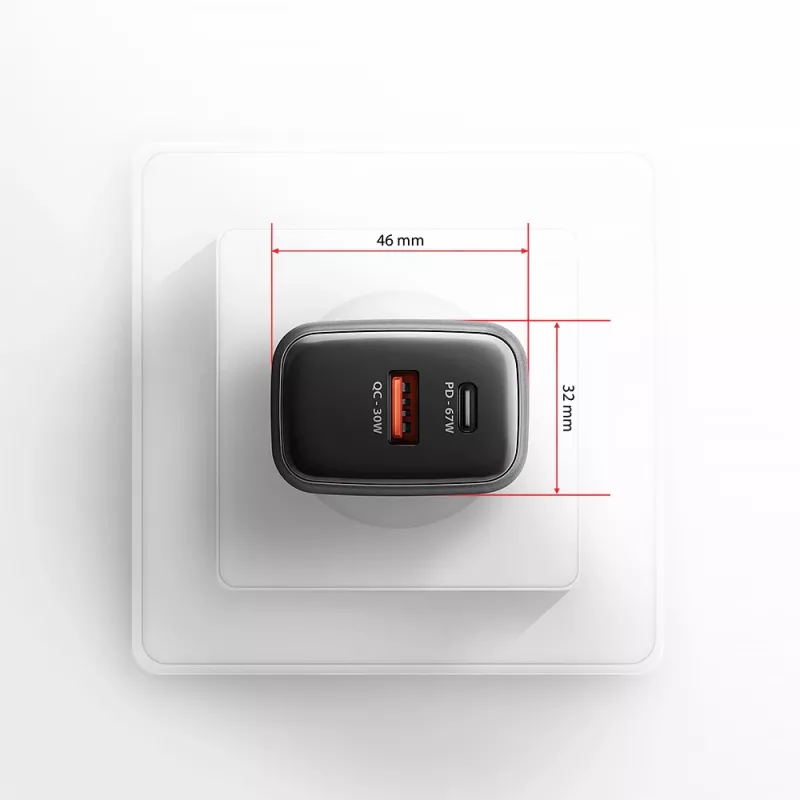 Virtalähde AXAGON ACU-PQ67, 67W, PD3.0 + QC4+, 1x USB-C + 1x USB-A, 100–240V, harmaa/musta