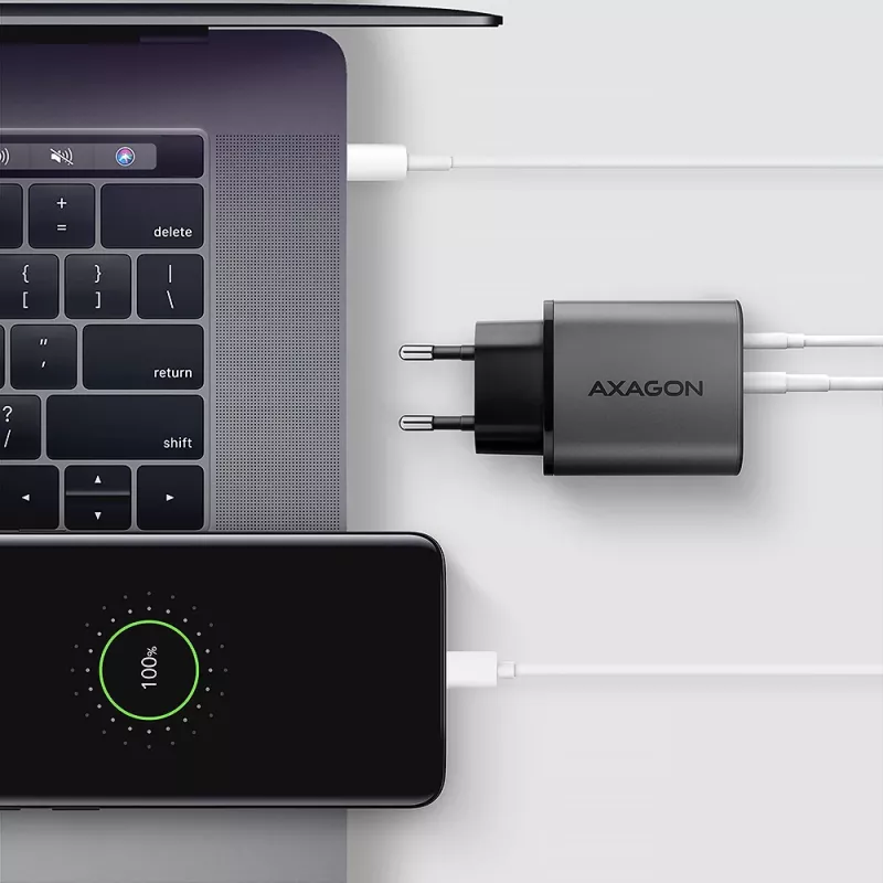 Virtalähde AXAGON ACU-PQ67, 67W, PD3.0 + QC4+, 1x USB-C + 1x USB-A, 100–240V, harmaa/musta