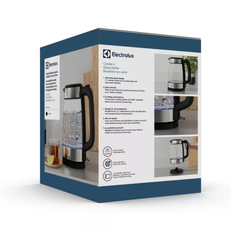 Electrolux E4GK1-4GB vedenkeitin 1,7 l 2200 W musta, ruostumaton teräs, läpinäkyvä