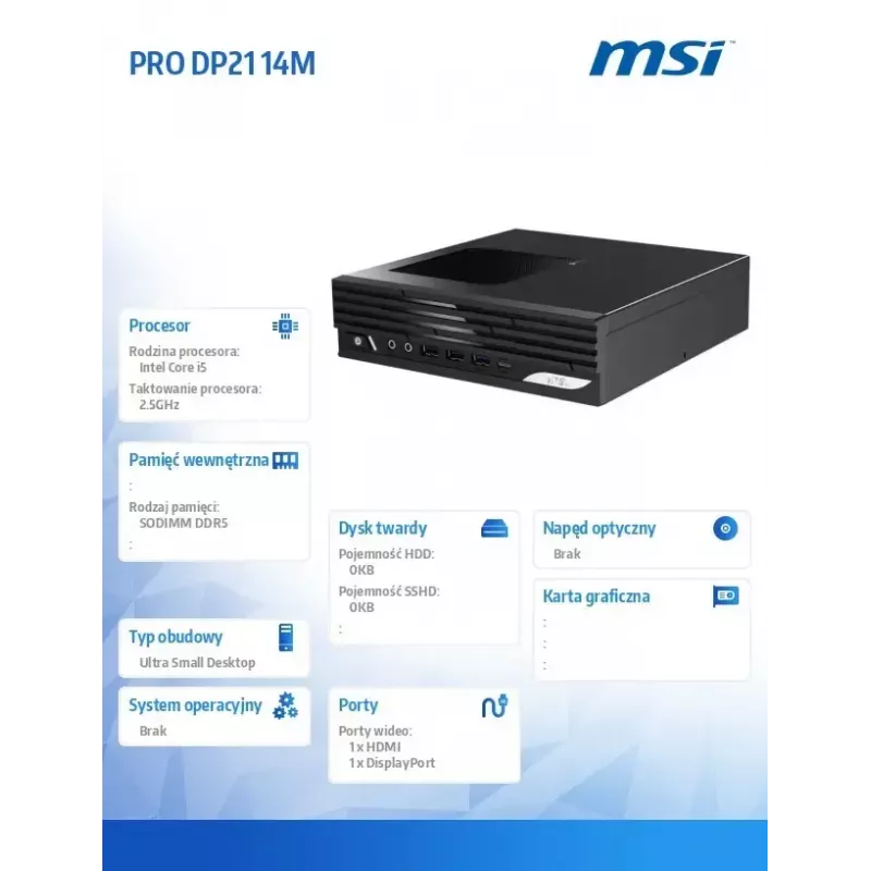 Pöytätietokone MSI PRO DP21 14M-243BEU — Intel Core i5-14400, Wi‑Fi, Bluetooth, musta
