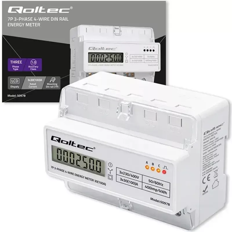 Kolmivaiheinen DIN-kisko-energiamittari QOLTEC 50978 — 400 V, 100 A