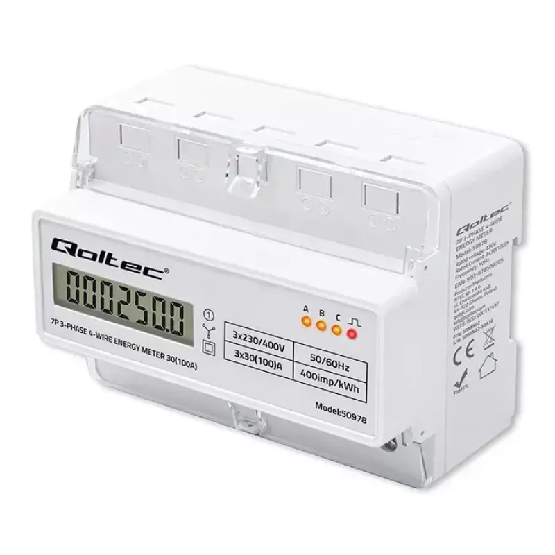 Kolmivaiheinen DIN-kisko-energiamittari QOLTEC 50978 — 400 V, 100 A