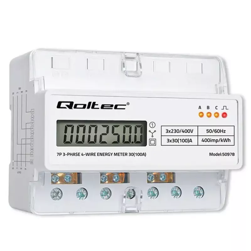 Kolmivaiheinen DIN-kisko-energiamittari QOLTEC 50978 — 400 V, 100 A