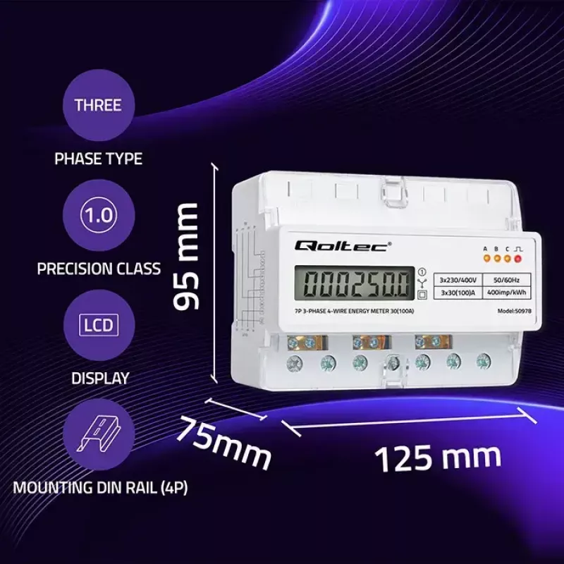 Kolmivaiheinen DIN-kisko-energiamittari QOLTEC 50978 — 400 V, 100 A